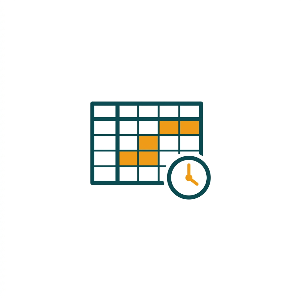 a timesheet grid with hours filled in, next to a small clock icon