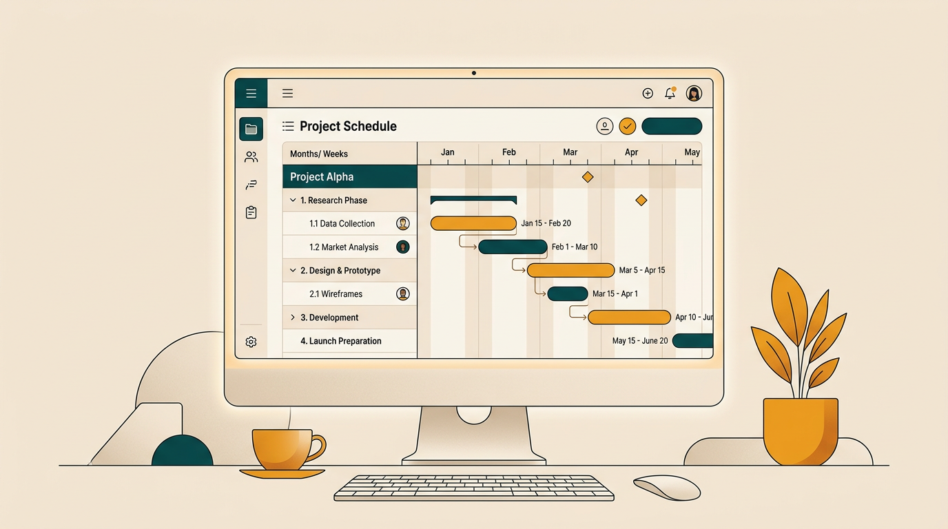 a clean and modern user interface of a project management software showing a Gantt chart with timelines and tasks, on a neutral background