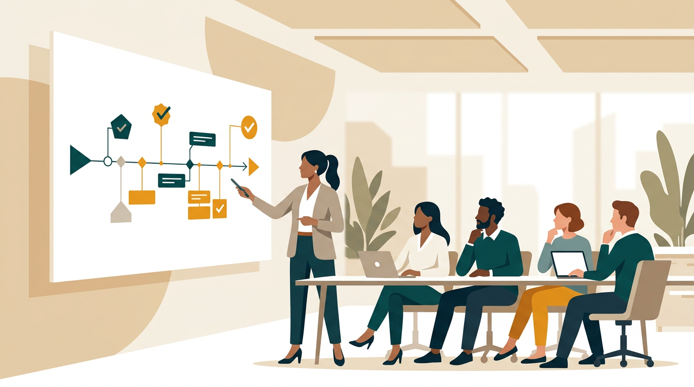 a professional project manager presenting a successful project timeline on a large screen to their team in a modern office setting, soft focus