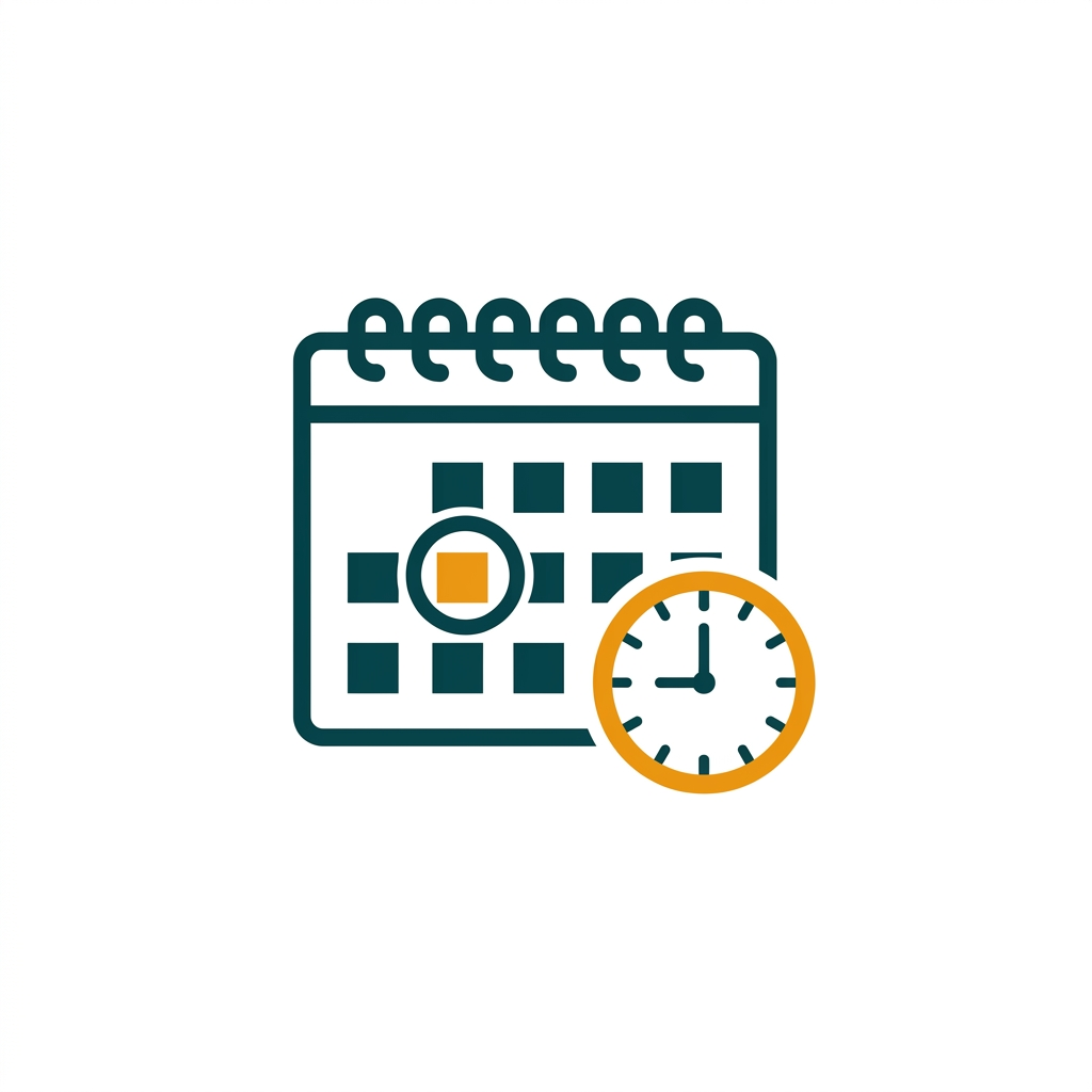 a simple calendar icon with a marked date and a small clock