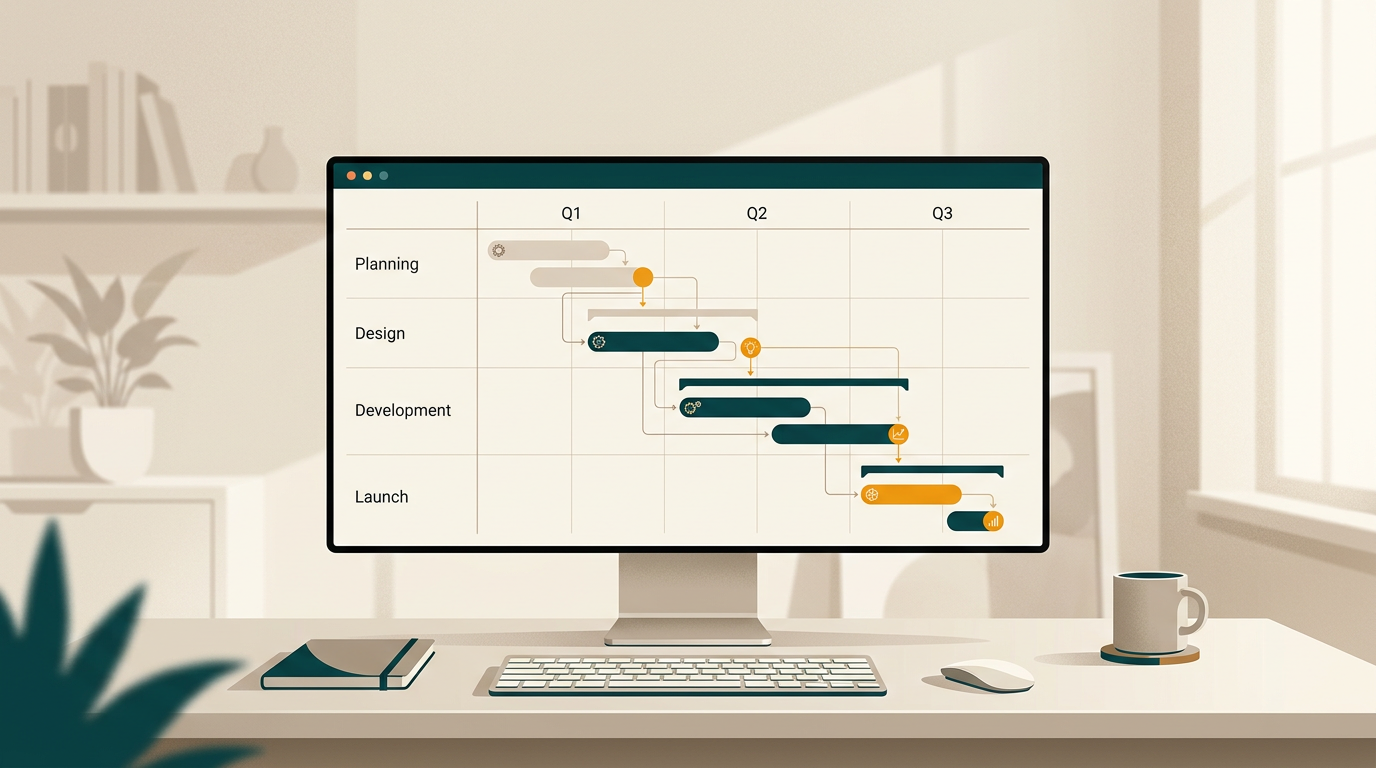 a clean and modern gantt chart on a desktop screen, showing project timelines and dependencies, with a neutral office background and soft lighting