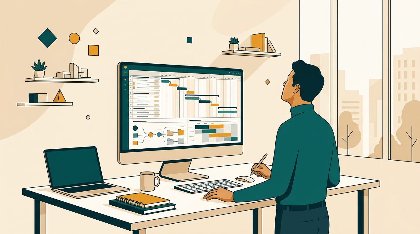 a professional project manager at a clean desk, analyzing a complex project plan on a large monitor, in a focused and organized office environment