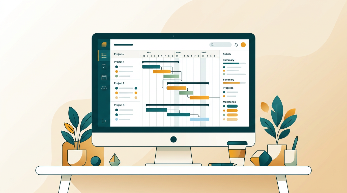 a clean and modern user interface of a project management software showing a colorful Gantt chart with task dependencies and a timeline on a desktop monitor