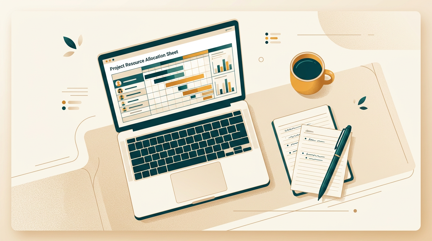 an overhead view of a desk with a laptop displaying a project resource allocation sheet, next to a notepad, a pen, and a cup of coffee
