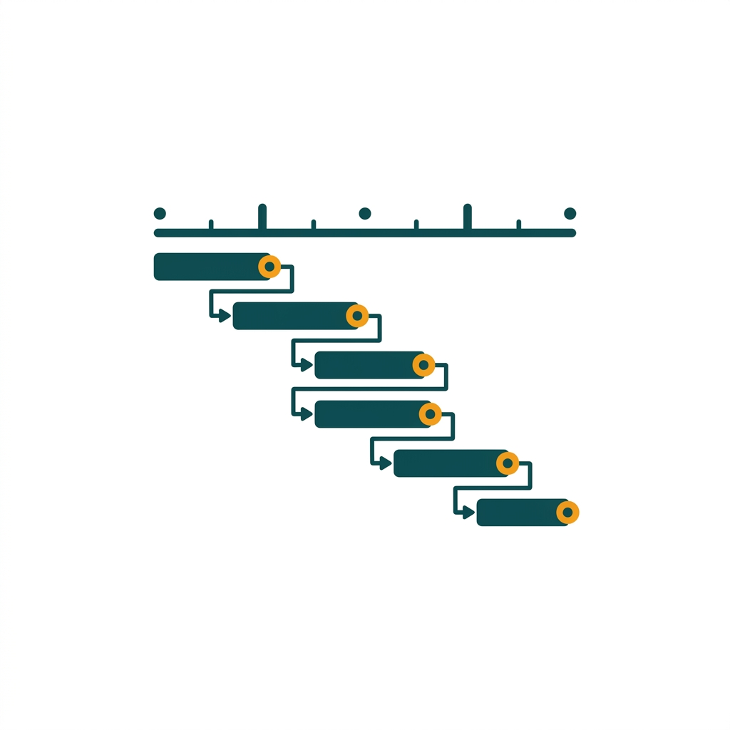 a cascading timeline of interconnected task bars representing a Gantt chart
