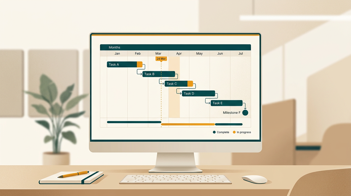 an elegant Gantt chart on a desktop screen showing project timelines and dependencies, with clean data visualization elements, soft office background