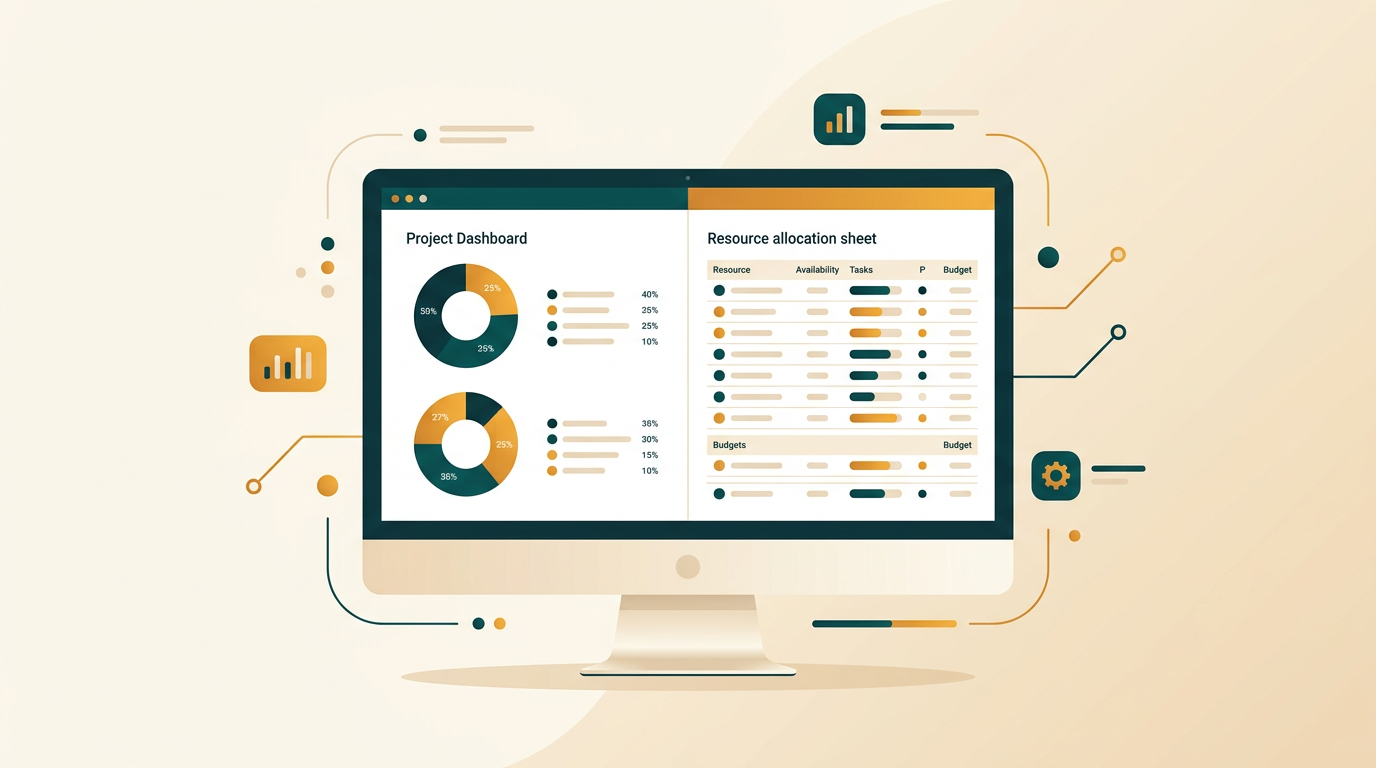 a split-screen view showing a project dashboard with pie charts and a resource allocation sheet on a large monitor, minimal and professional aesthetic