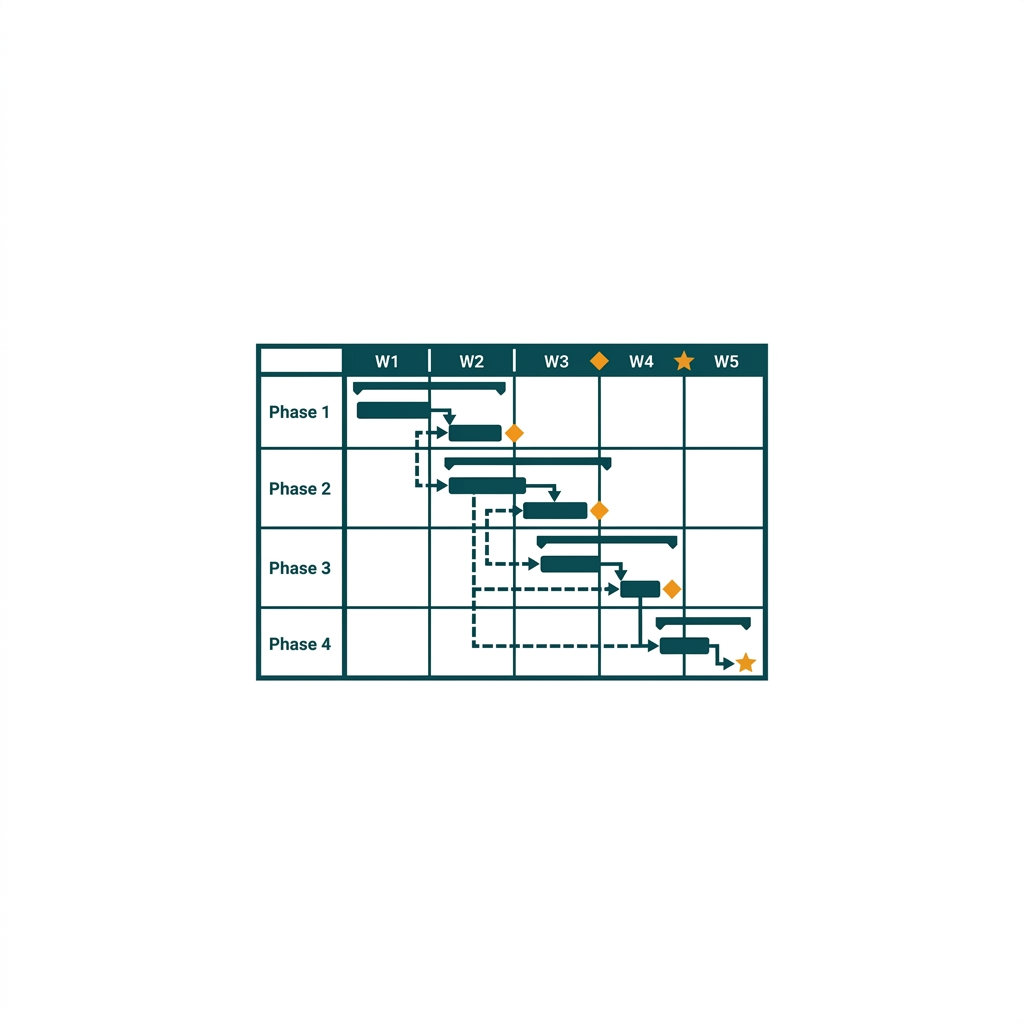 a complex Gantt chart with interconnected task bars and timelines showing dependencies