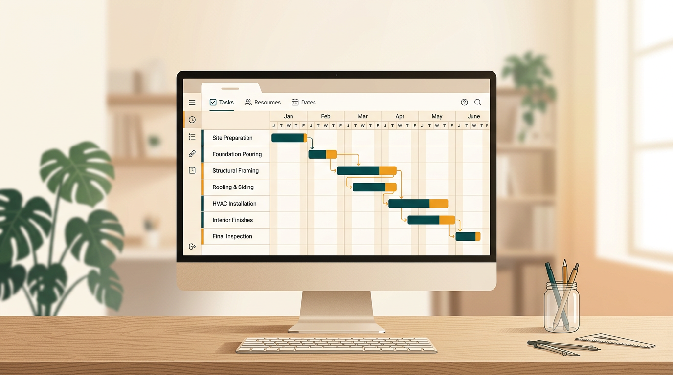 a clean, modern desktop screen showing a detailed Gantt chart with task dependencies and timelines for a construction project, soft focus background