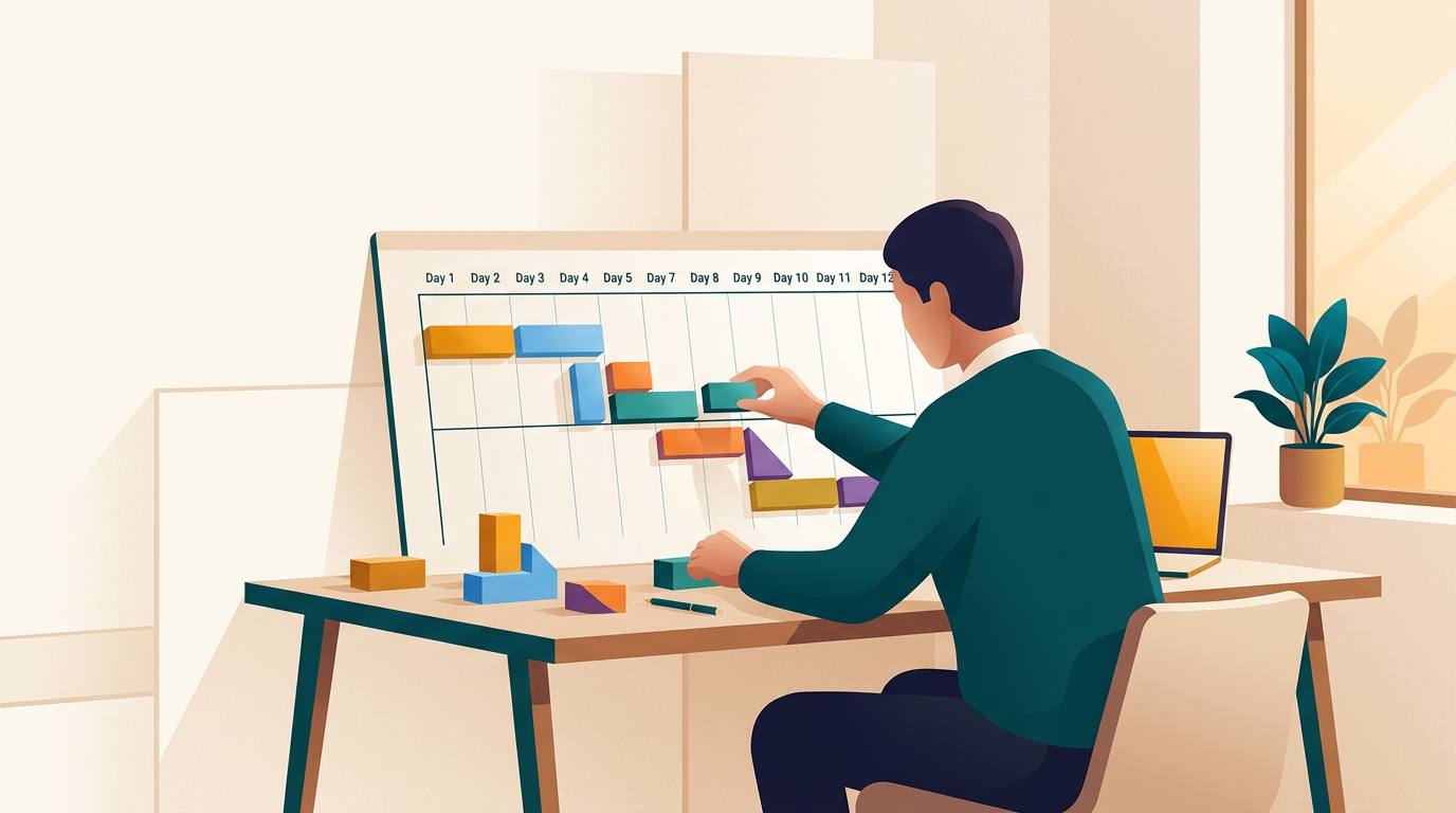 an abstract editorial illustration of a focused person at a desk organizing colorful blocks into a structured timeline, representing project planning
