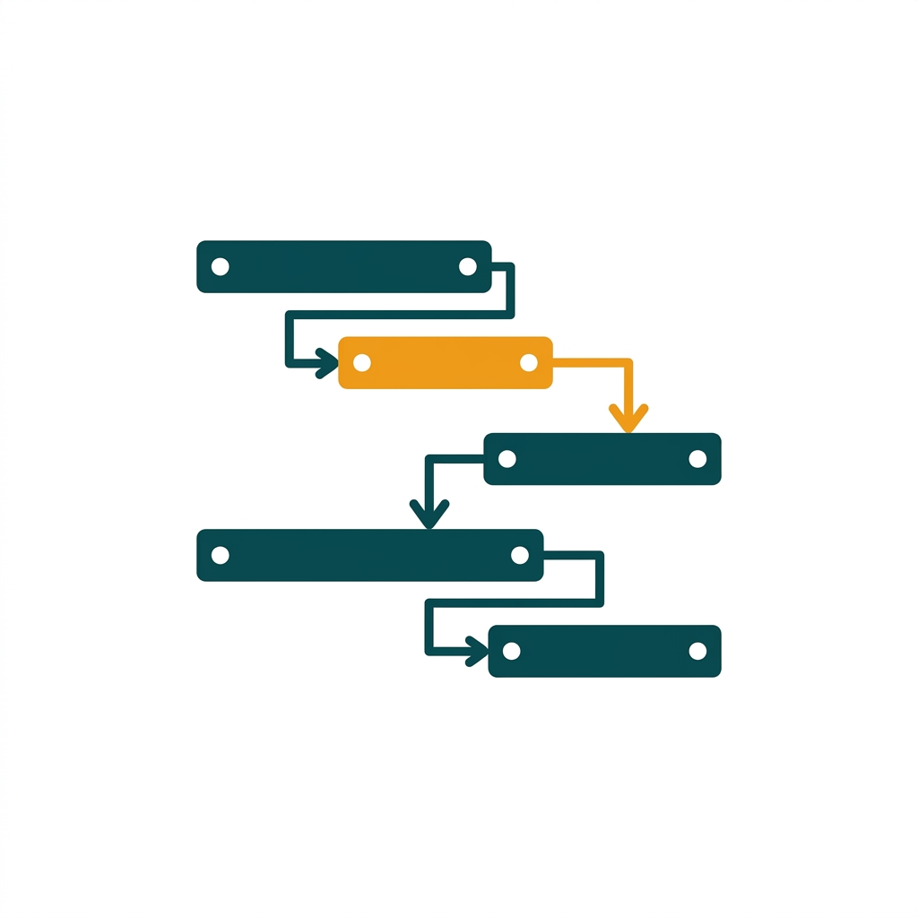 a timeline view with interconnected horizontal bars and dependency arrows, representing a project schedule