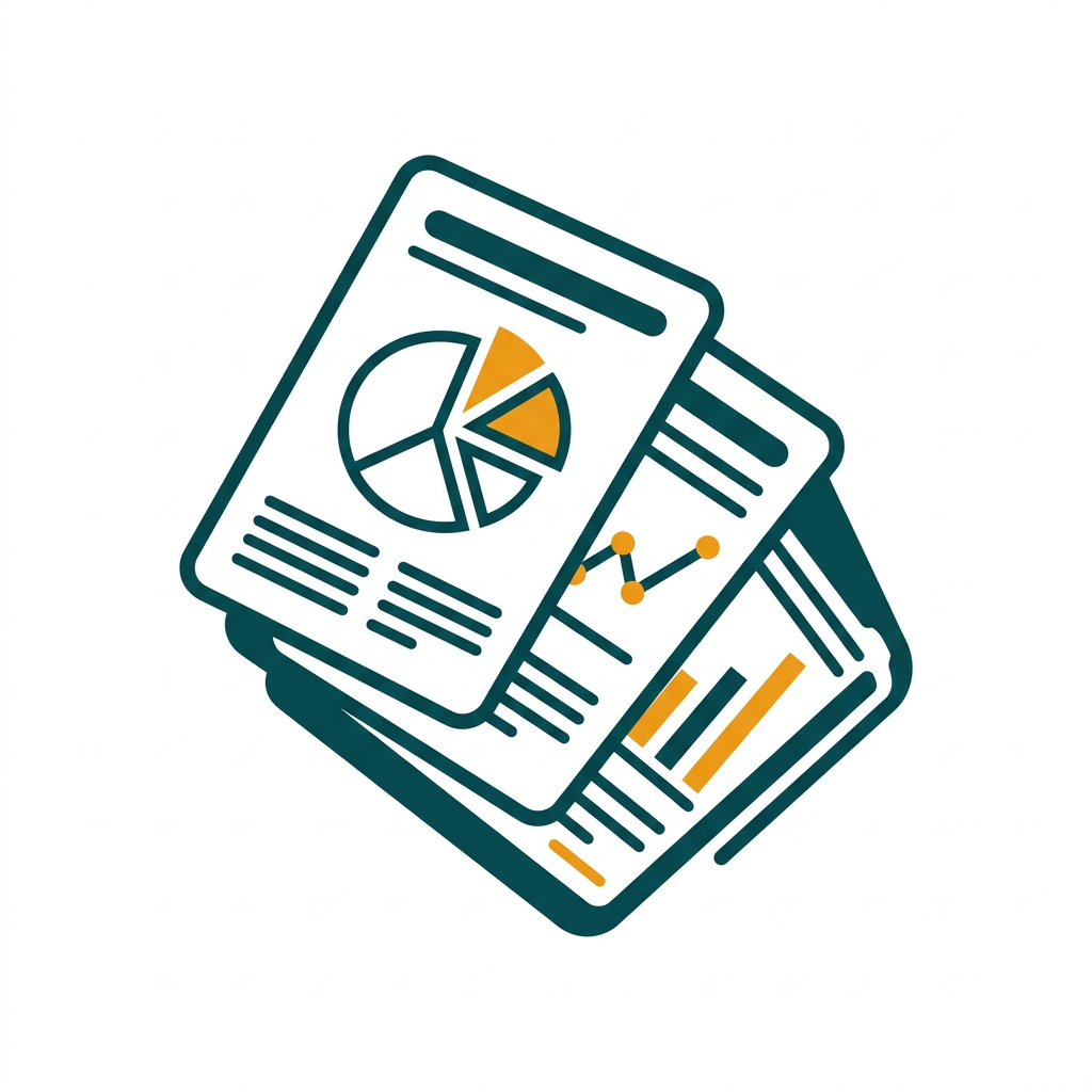 a stack of pre-designed document templates fanned out, showing charts and graphs
