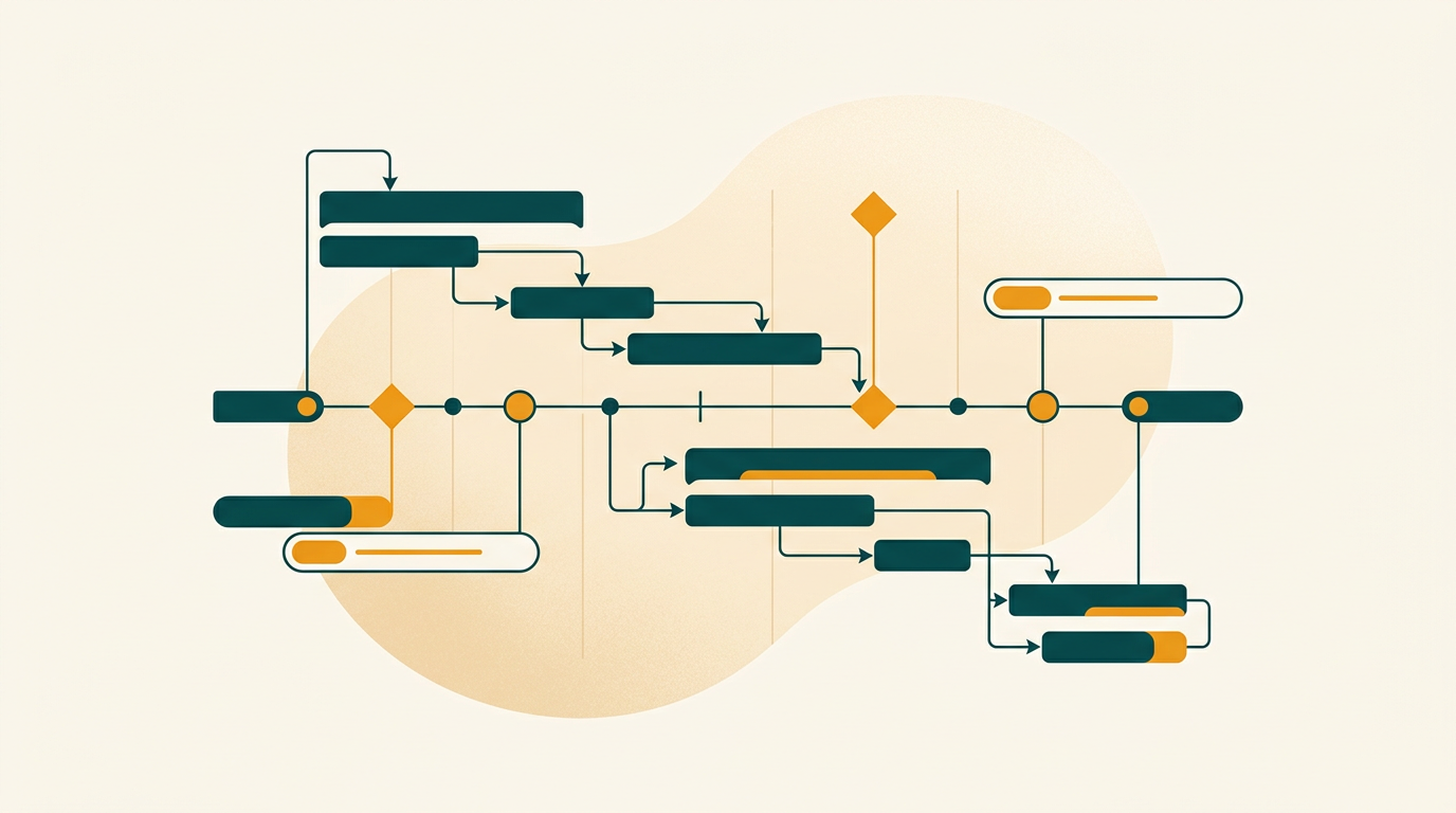 a clean, abstract visualization of a Gantt chart with interconnected tasks and milestones, floating over a neutral cream-colored background, minimalist style