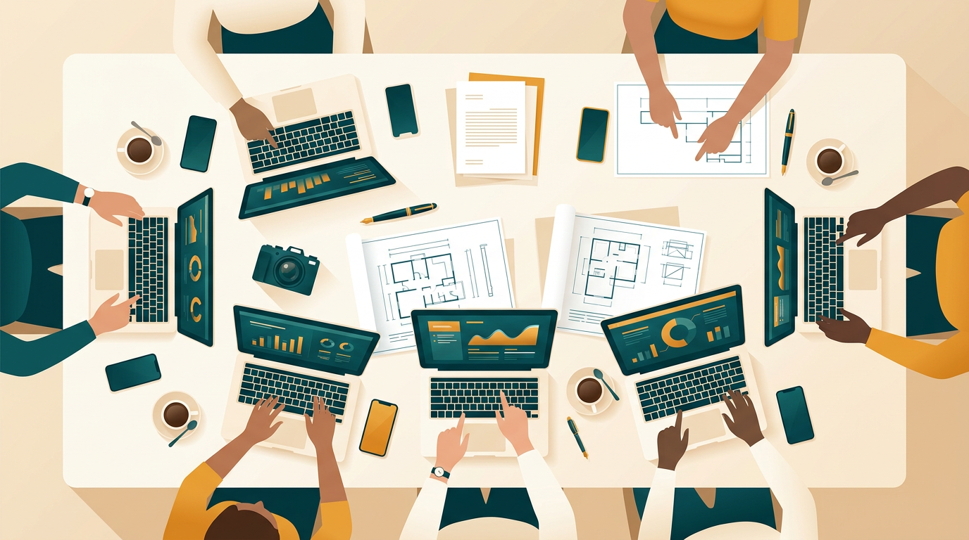 an overhead shot of a meeting table with laptops showing project dashboards, blueprints, and coffee cups, suggesting collaboration and planning