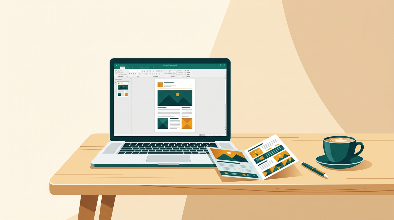 a clean workspace showing a laptop with Microsoft Publisher 2016 open, displaying a newsletter layout, next to a printed brochure and a coffee cup, editorial style