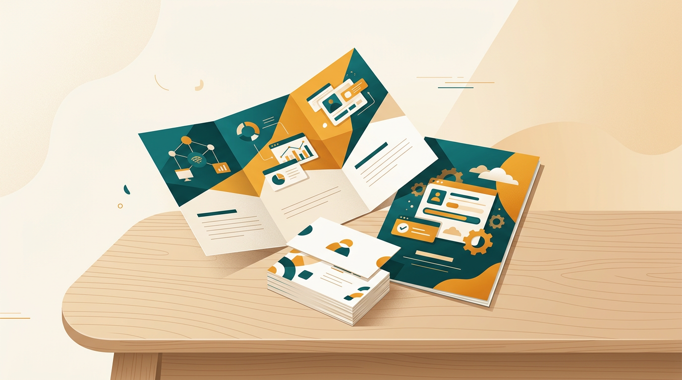 a stack of professionally printed business cards, flyers, and a tri-fold brochure created with desktop publishing software, arranged neatly on a wooden desk