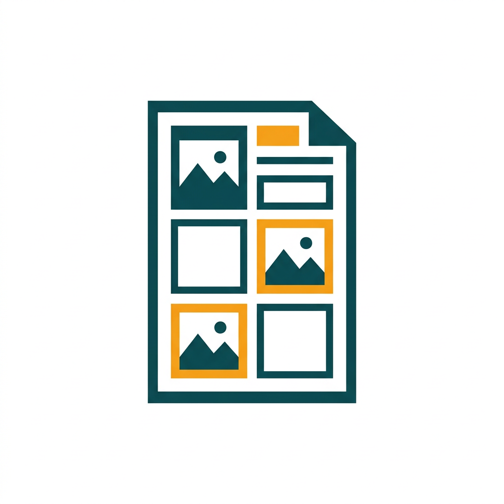 a grid layout with placeholder image boxes and precise text frames on a document page