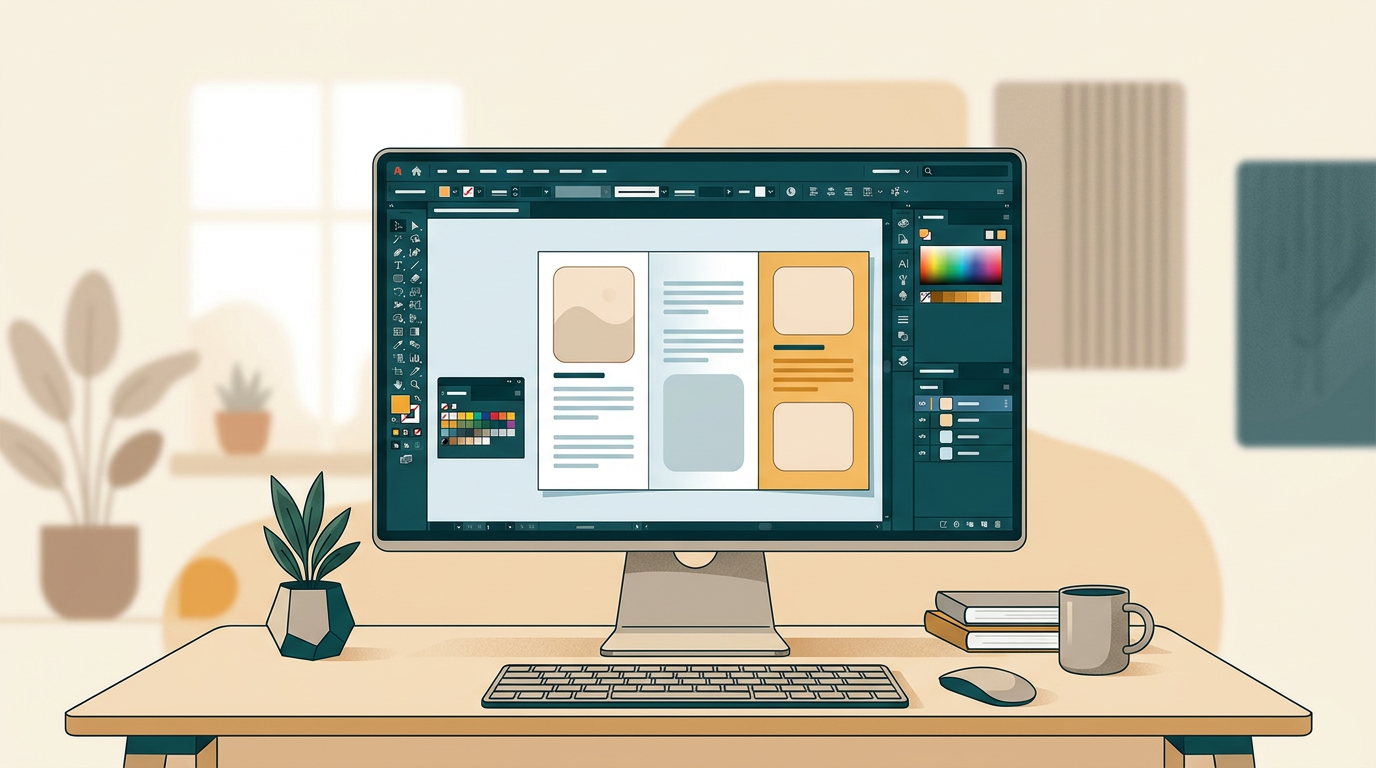 a clean workspace with a computer screen showing a desktop publishing software interface, designing a brochure with image and text placeholders, soft focus background