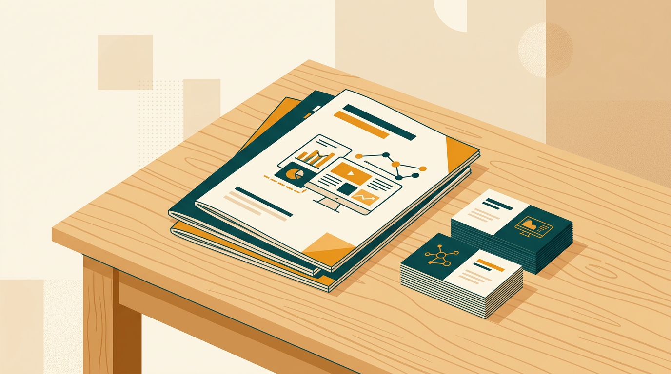 a stack of professionally printed brochures and business cards on a wooden table, showcasing a finished desktop publishing project, editorial style