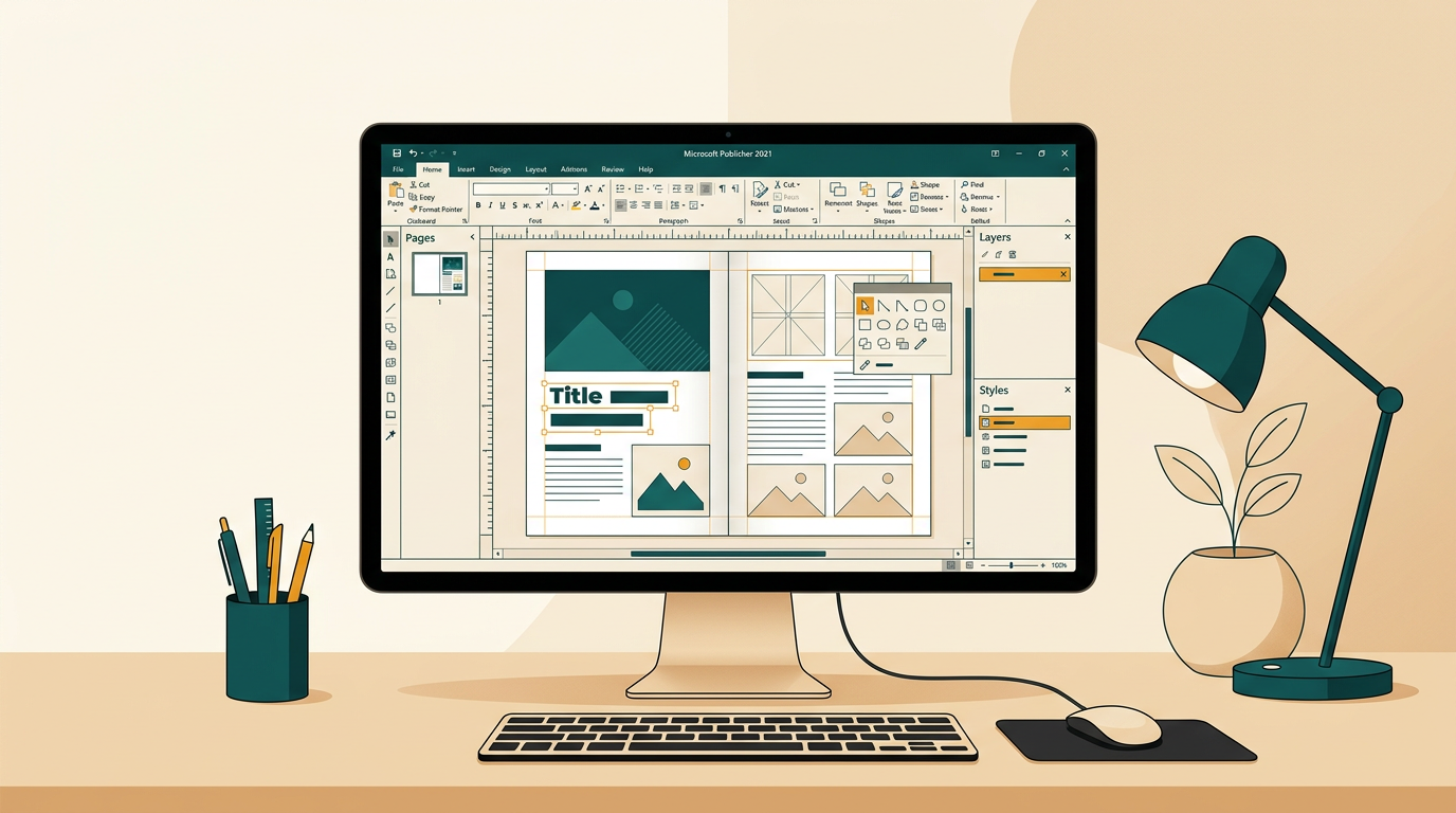 a clean workspace with a desktop monitor displaying the Microsoft Publisher 2021 interface, showing a brochure layout with placeholders for images and text, minimalist style