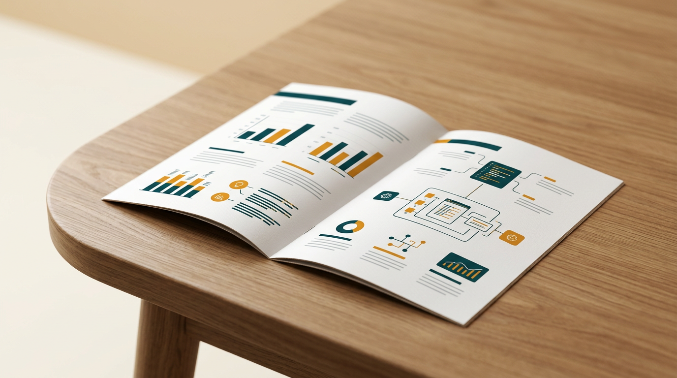 a close-up shot of a freshly printed, high-quality business brochure lying on a wooden table, with crisp colors and sharp text, editorial photography style