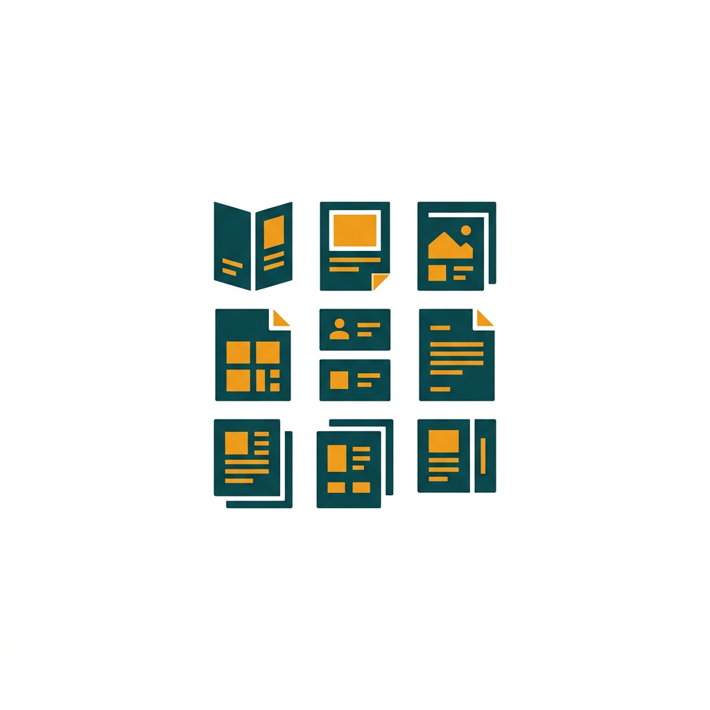 a grid of various document template thumbnails like brochures, flyers, and business cards
