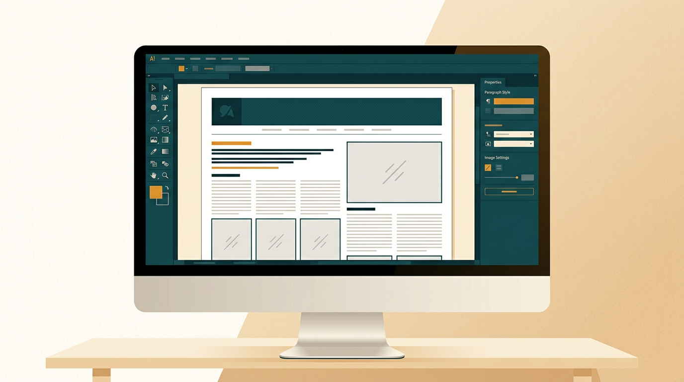 a close-up of a desktop publishing software interface on a computer screen, showing a newsletter layout with text and image placeholders, clean and modern aesthetic