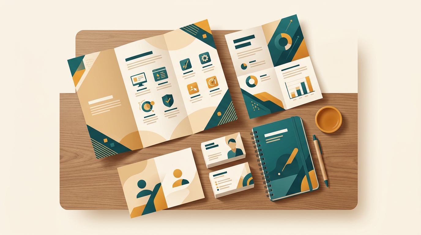 an overhead shot of a collection of printed marketing materials like brochures, business cards, and flyers neatly arranged on a wooden desk