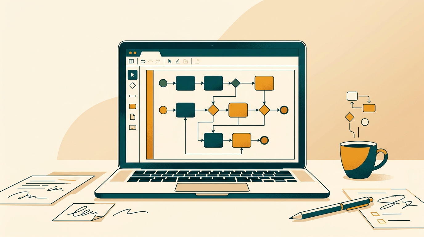 a clean, modern desktop with a laptop displaying a complex business process model notation (BPMN) flowchart created in a diagramming software, surrounded by notes and a coffee cup