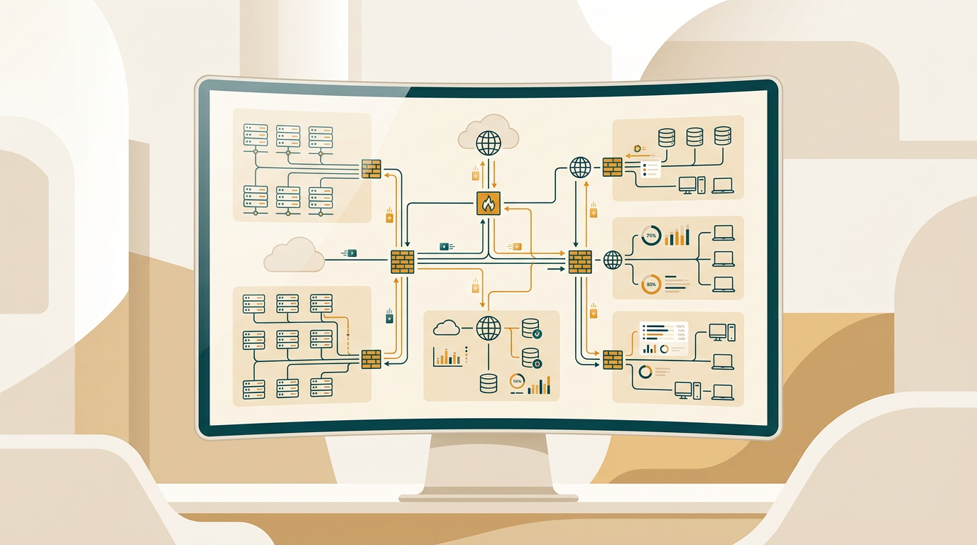 a close-up of a complex IT network diagram on a computer screen, showing detailed connections between servers, firewalls, and client devices, with data overlay graphics