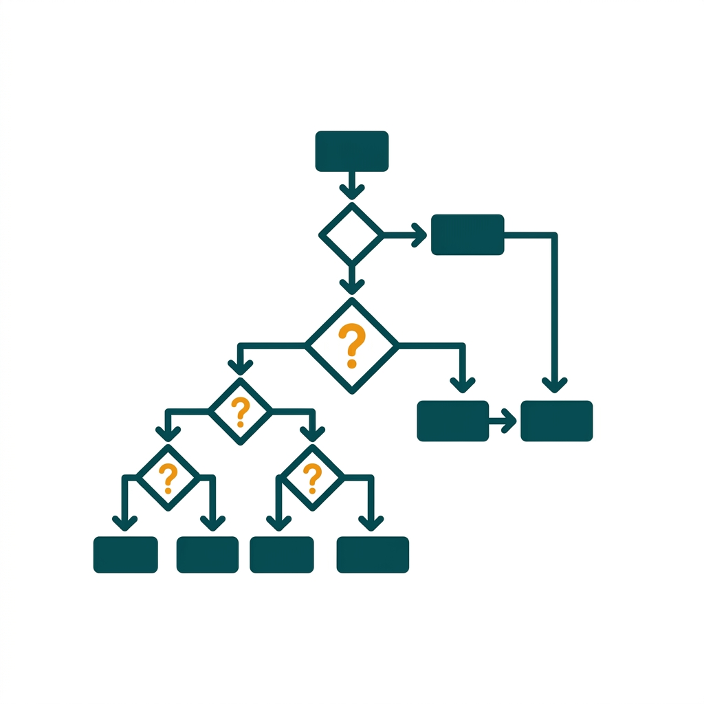 a branching flowchart with decision diamonds, process boxes, and connecting arrows