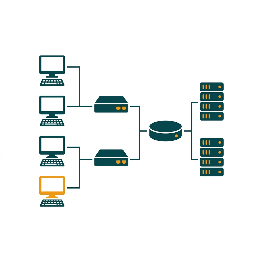 a network topology diagram with servers, routers, switches, and workstations