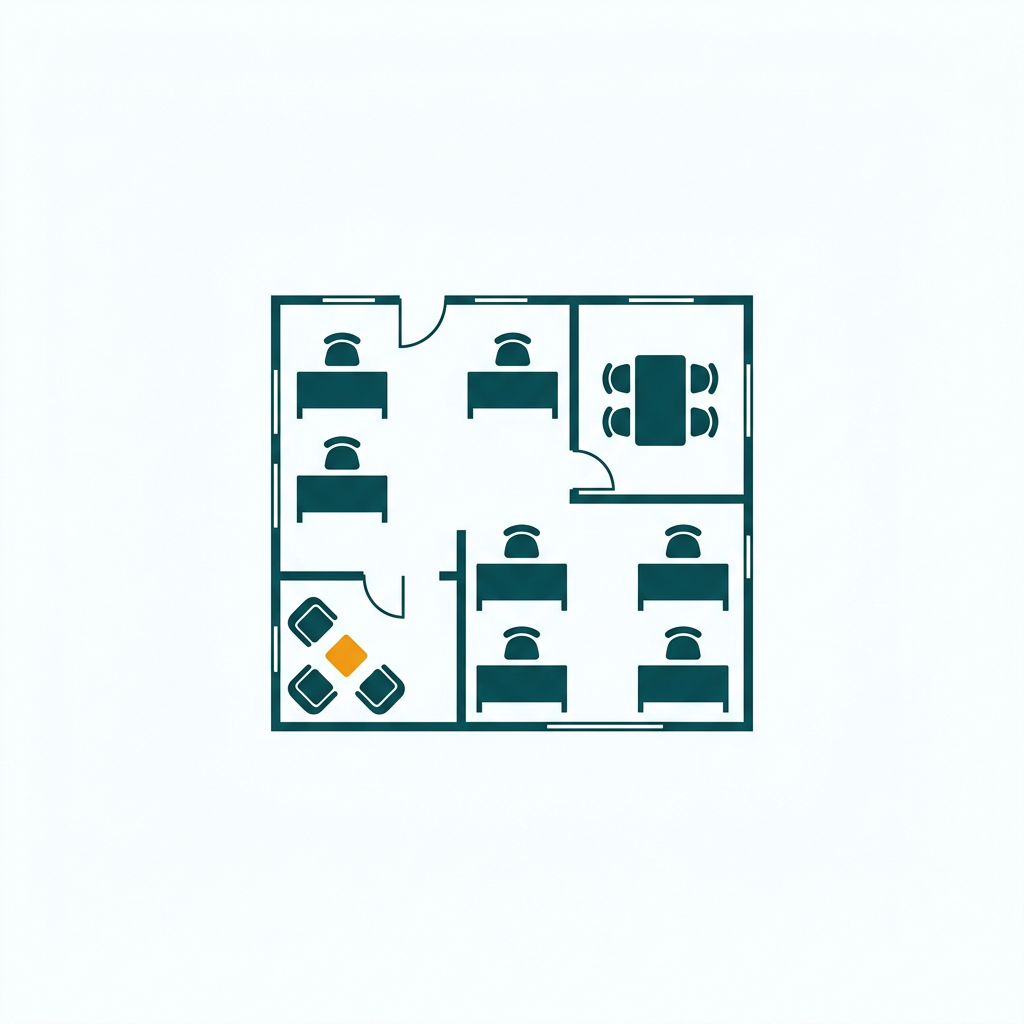 a simple floor plan of an office layout with desks, chairs, and walls