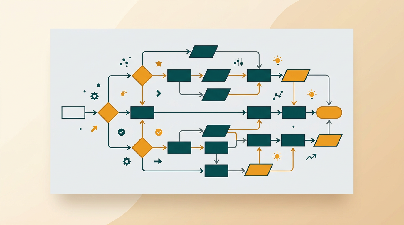 a clean, vector-style flowchart with multiple decision points and connecting lines on a light gray background, representing business process visualization