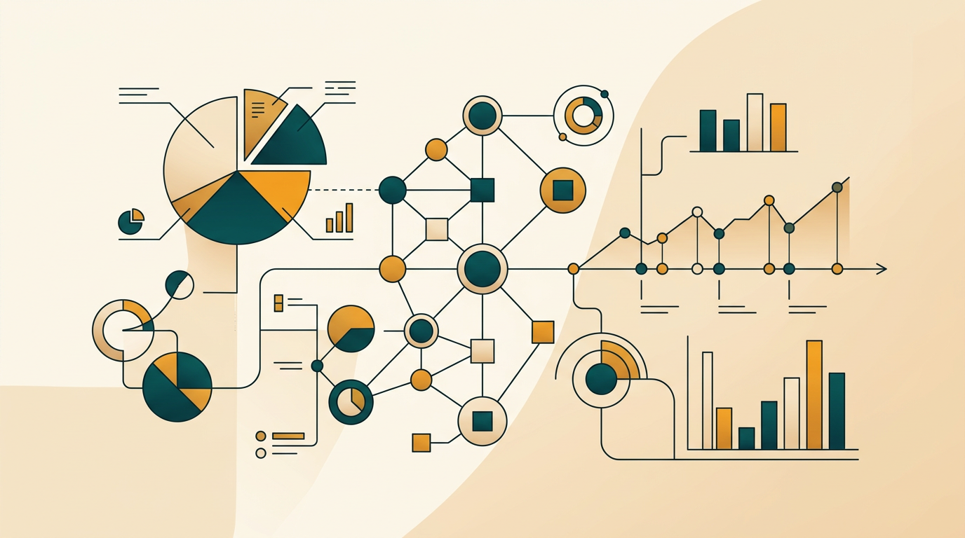 an abstract composition of various diagram types like a pie chart, a network diagram, and a timeline, overlapping and interconnected, editorial illustration style