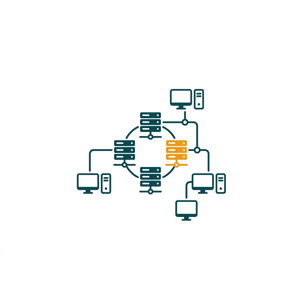 a collection of computer and server icons connected with lines, illustrating a computer network topology