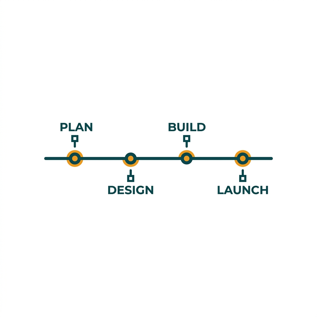 a horizontal line with marked points and short text descriptions, representing a project timeline