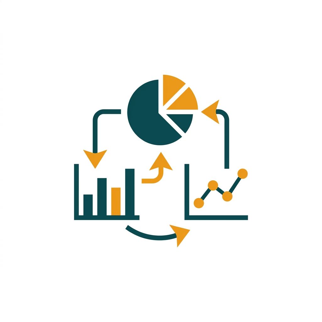 various business chart icons like bar chart and pie chart connected with arrows