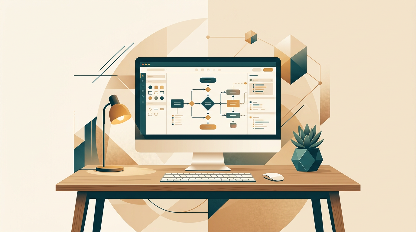 a clean, modern desk with a large monitor displaying a complex flowchart created in a diagramming software, with subtle geometric shapes in the background