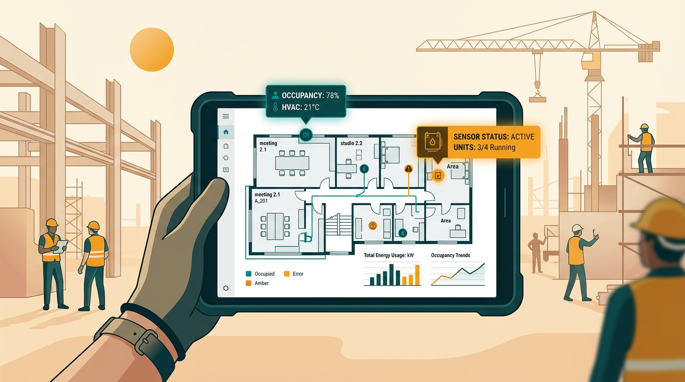 a close-up of a tablet screen showing an interactive building floor plan with data overlays, held by an architect on a construction site