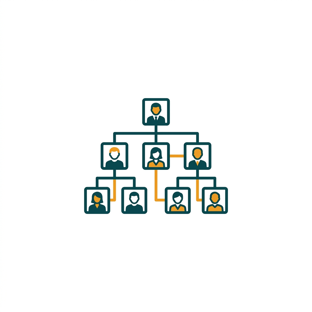 a hierarchical tree structure representing a corporate organization chart with portraits