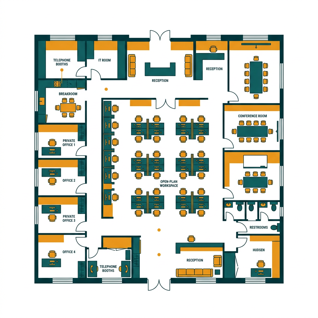 a detailed floor plan of an office building with furniture and room labels