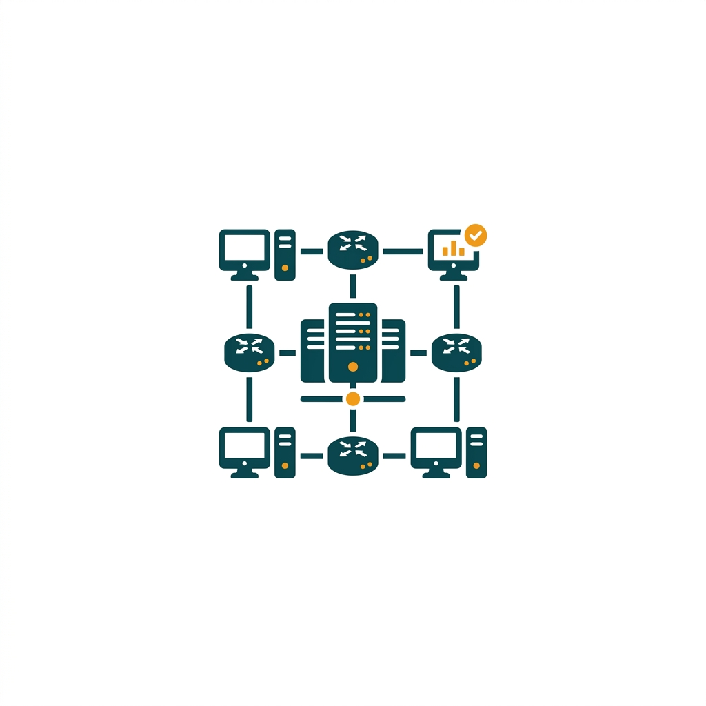 interconnected icons of servers, routers, and computers forming a network topology map