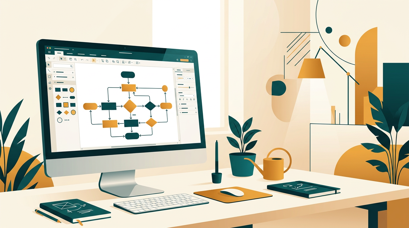 a professional flowchart diagram being designed on a desktop computer screen, with connected shapes and text, clean and modern interface