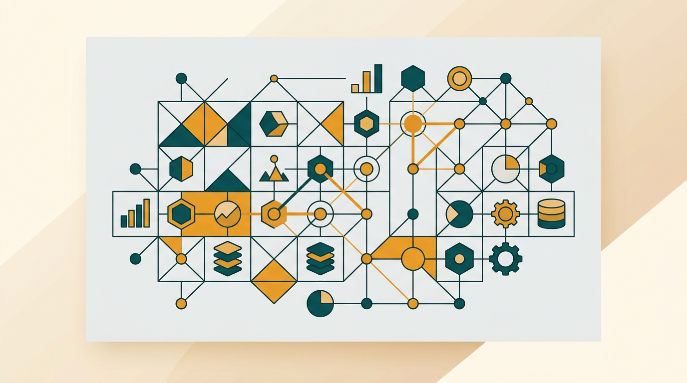 an abstract composition of interconnected geometric shapes and lines, representing data visualization and complex systems, on a light grey background