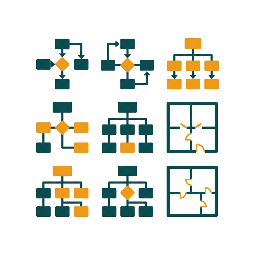 a grid of various diagram templates like flowcharts, org charts, and floor plans