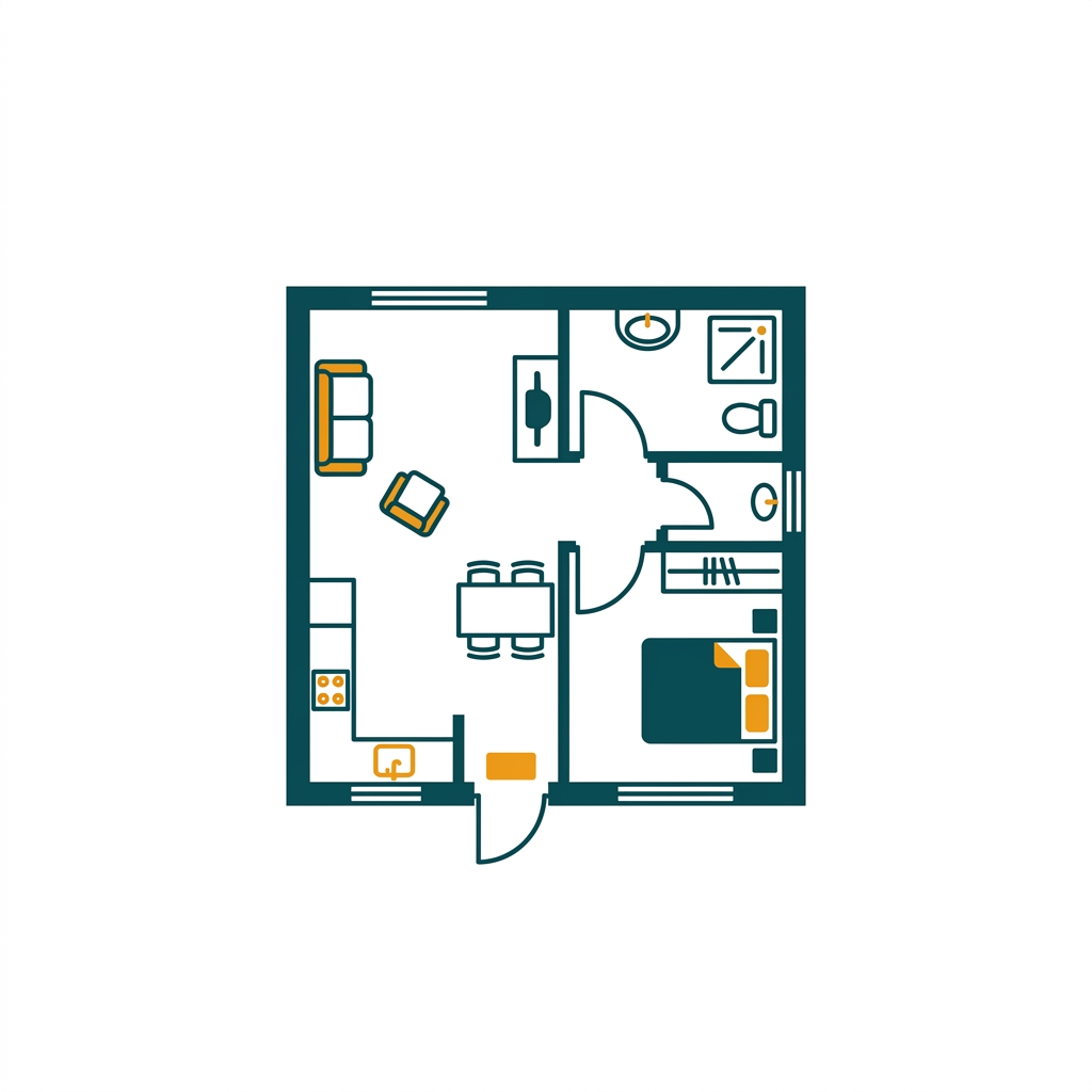 a simple floor plan layout with walls, doors, and furniture symbols