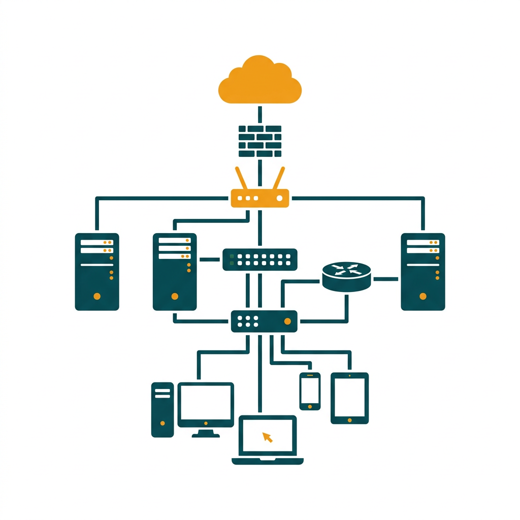 a detailed IT network diagram showing servers, routers, and connections
