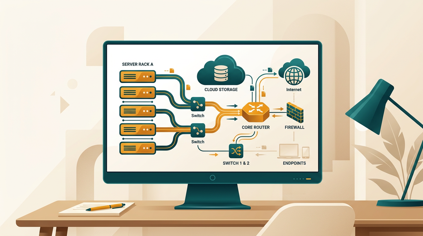 a detailed network infrastructure diagram with servers, routers, and connections, displayed on a clean, modern desktop screen, editorial style