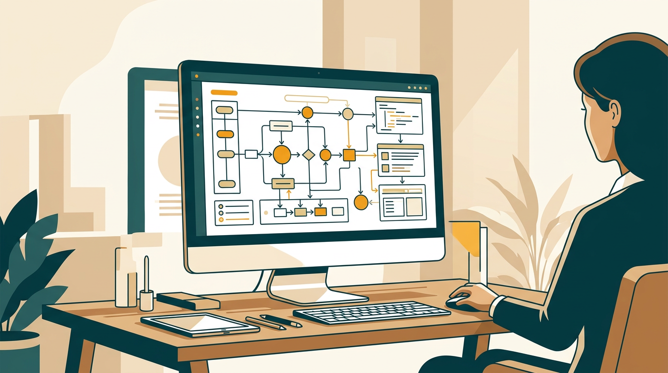 a professional engineer at a desk, reviewing a complex technical blueprint created with Visio on a large monitor, soft office background
